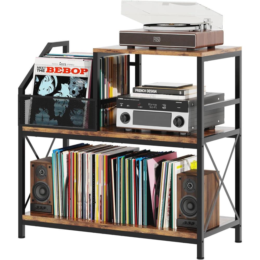 imageRecord Player Stand Turntable Stand with 3 Adjustable Divider Holds up to 300 Albums Vintage Record Player Table with Vinyl Record Holder Record Cabinet for Living Room Bedroom Office