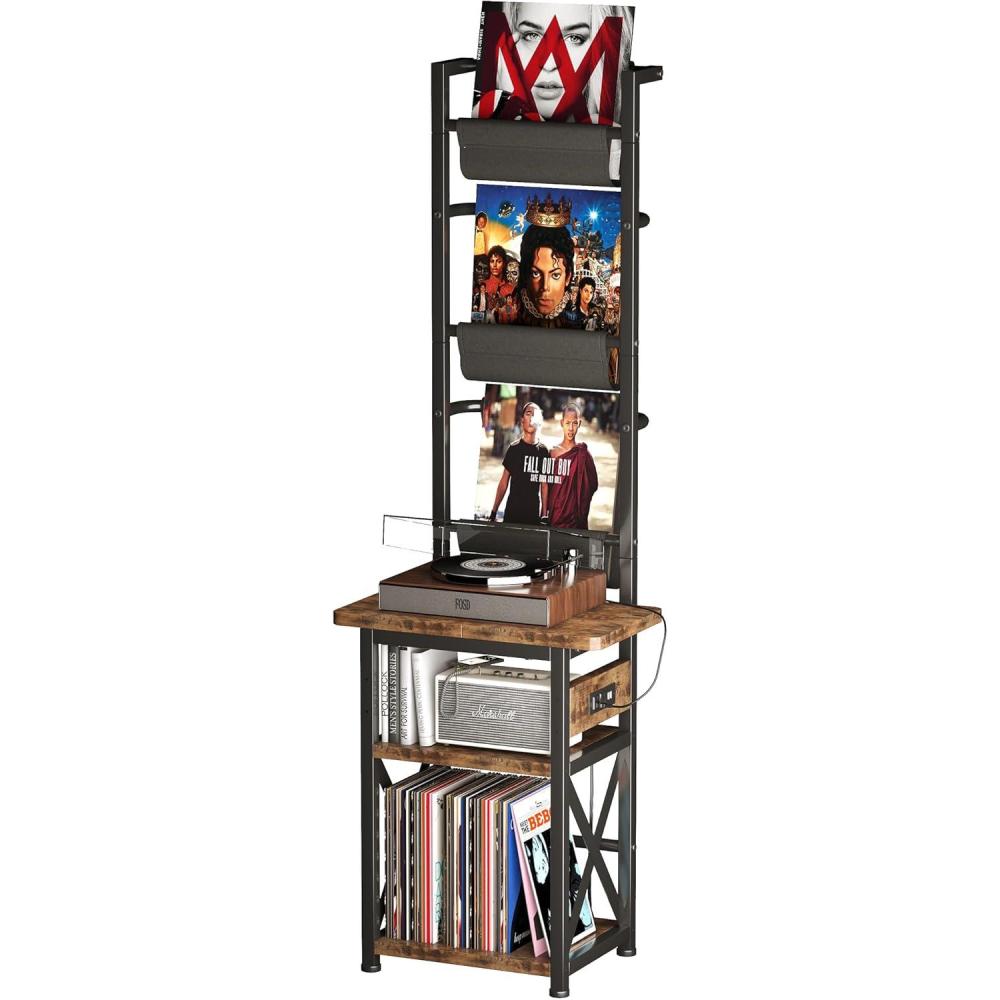 imageRecord Player Stand with Power Outlet 6 Tier Vinyl Record Display Shelf Record Player Table with album storage up to 200 Albums Console Organizer Display Shelf Gifts for Music Lovers