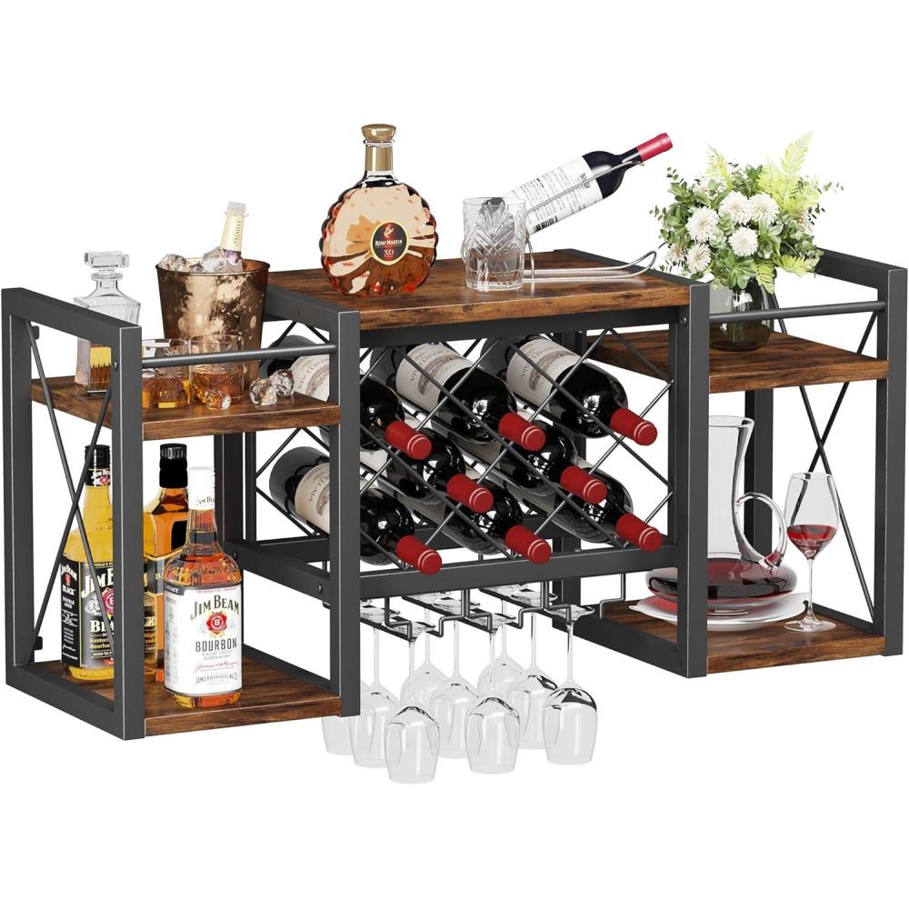imageWall Mounted Wine Rack with Glass Holder WoodMetal Retro Bar Shelf Wine Bottles Display Wall Storage for Kitchen Dining Room Home BarVintage