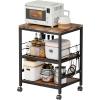 imageHomeiju 3Tier Wooden Microwave Cart with Storage 224W Microwave Stand Coffee Cart Rolling Kitchen Utility Cart with Wheels 5 Hooks Rustic Brown and Black