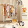 imageHomeiju Heavy Duty Clothes Rack Load 500LBS Three Rods Clothing Racks for Hanging Clothes Extendable Rolling Garment Rack with Sturdy Wheels Basket Storage Shelves BlackWhite