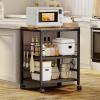 imageHomeiju 3Tier Wooden Microwave Cart with Storage 224W Microwave Stand Coffee Cart Rolling Kitchen Utility Cart with Wheels 5 Hooks Rustic Brown and Black