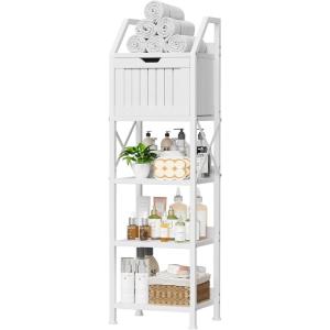 imageBathroom Floor Cabinet 5Tier Bathroom Storage Organizer Rack with Drawer Multifunctional Corner Unit 4724 Inches in Height White