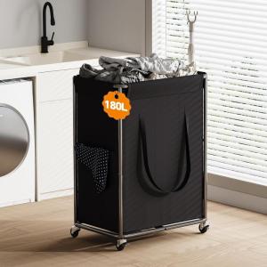 imageHomeiju 180L Large Laundry Hamper with Wheels Rolling Laundry Basket with Metal Frame and Removable Bag Design Dirty Clothes Laundry Cart for Bathroom Dorm Room Laundry Room Black