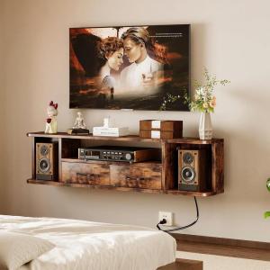 imageHomeiju 52 Floating TV Stand with Power OutletWall Mounted TV Console with Drawers Under TV Cabinet with Storage Floating TV Shelf for Living Room Bedroom Brown52 Inch