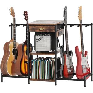 imageHomeiju 6Guitar Floor Stand with Charging Station ampamp 3Tier Storage Guitar Rack with Amp Stand ampamp Cloth Drawer Rubber Protected Guitar Holder for StudioHome  Heavy Duty Metal Frame