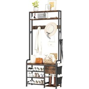 imageHomeiju Hall Tree with Bench and Shoe Storage 3in1 Entryway Organizer with 62 Hooks Coat Rack with Adjustable Feet for Stability Mudroom Furniture with Storage Shelf