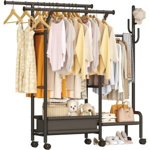 imageHomeiju Heavy Duty Clothes Rack Load 500LBS Three Rods Clothing Racks for Hanging Clothes Extendable Rolling Garment Rack with Sturdy Wheels Basket Storage Shelves BlackBlack