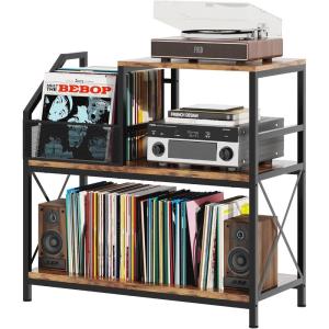 imageRecord Player Stand Turntable Stand with 3 Adjustable Divider Holds up to 300 Albums Vintage Record Player Table with Vinyl Record Holder Record Cabinet for Living Room Bedroom Office
