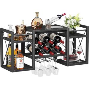imageWall Mounted Wine Rack with Glass Holder WoodMetal Retro Bar Shelf Wine Bottles Display Wall Storage for Kitchen Dining Room Home BarBlack