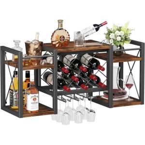 imageWall Mounted Wine Rack with Glass Holder WoodMetal Retro Bar Shelf Wine Bottles Display Wall Storage for Kitchen Dining Room Home BarVintage