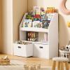 imageHomeiju Kids Bookshelf ampamp Toy Storage Organizer with 2 Fabric Bins 3 Tier Children Book Shelf Toddler Bookcase for Toddler Kids Room Toys Nursery Playroom White