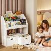imageHomeiju Kids Bookshelf ampamp Toy Storage Organizer with 2 Fabric Bins 3 Tier Children Book Shelf Toddler Bookcase for Toddler Kids Room Toys Nursery Playroom White