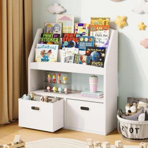 imageHomeiju Kids Bookshelf ampamp Toy Storage Organizer with 2 Fabric Bins 3 Tier Children Book Shelf Toddler Bookcase for Toddler Kids Room Toys Nursery Playroom White
