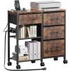 image4 Drawer File Cabinet with Charging Station Rolling Printer Stand Table with Open Storage Shelf Mobile Fabric Filing Cabinet for Home Office Rustic Brown