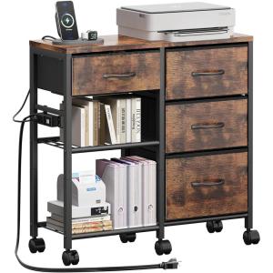 image4 Drawer File Cabinet with Charging Station Rolling Printer Stand Table with Open Storage Shelf Mobile Fabric Filing Cabinet for Home Office Rustic Brown
