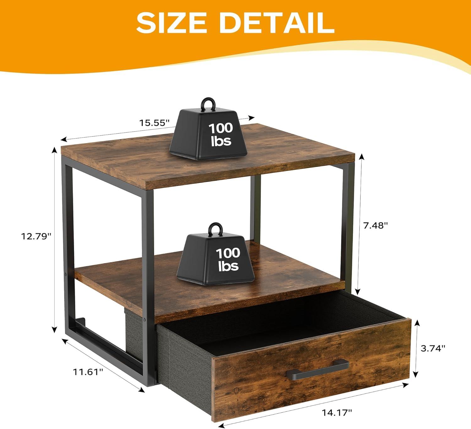 image:imageHomeiju 3Tier Vintage Brown Printer Stand with Storage Drawer MultiPurpose Desk Shelf Heavy Duty Desktop ShelfPrinter Table for Home Office