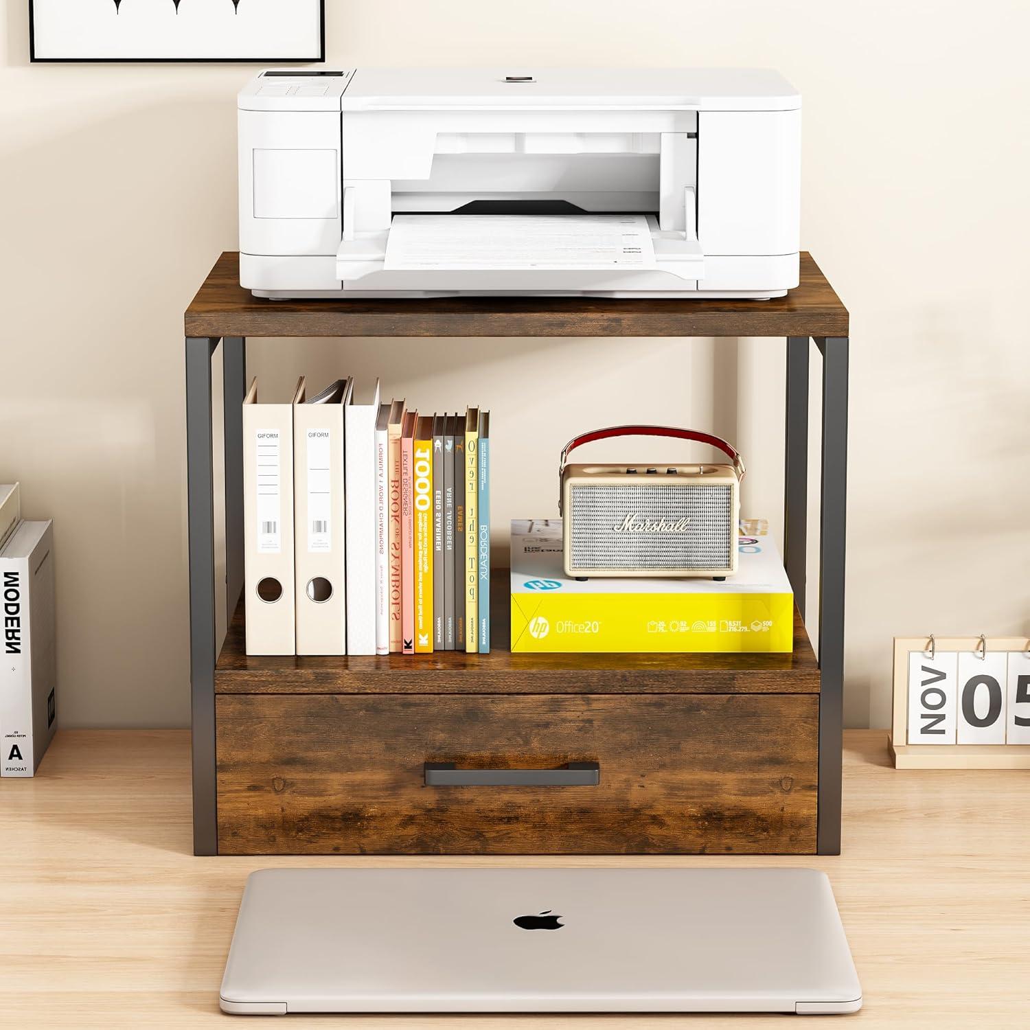 image:imageHomeiju 3Tier Vintage Brown Printer Stand with Storage Drawer MultiPurpose Desk Shelf Heavy Duty Desktop ShelfPrinter Table for Home Office