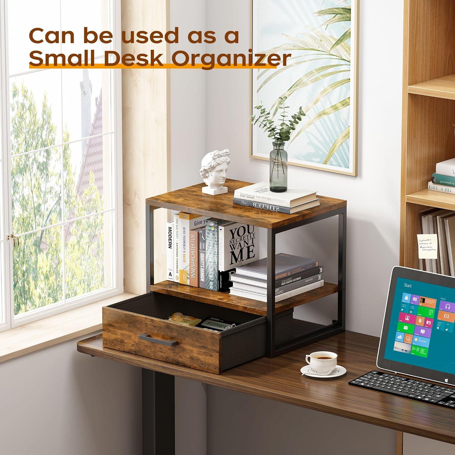 image:imageHomeiju 3Tier Vintage Brown Printer Stand with Storage Drawer MultiPurpose Desk Shelf Heavy Duty Desktop ShelfPrinter Table for Home Office