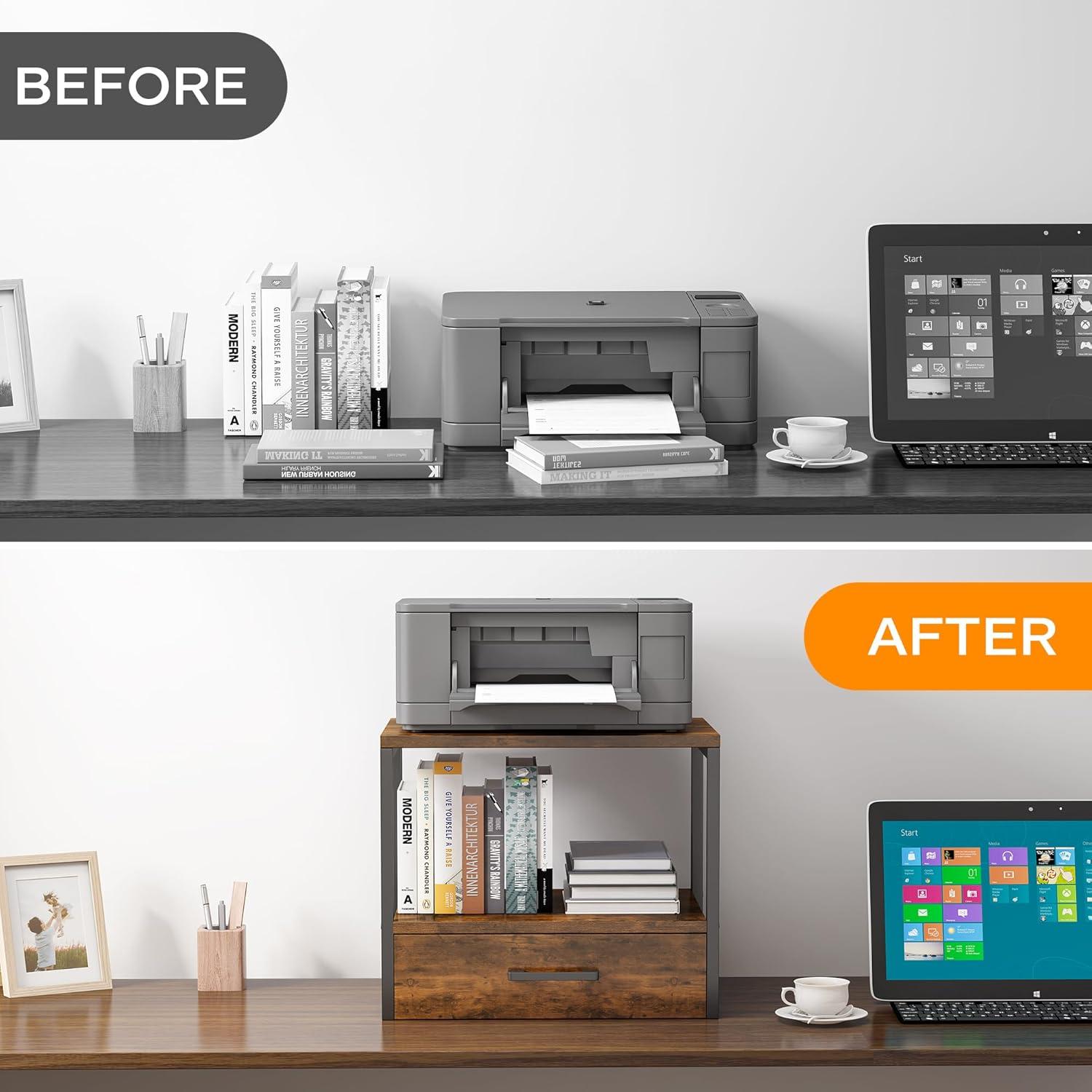 image:imageHomeiju 3Tier Vintage Brown Printer Stand with Storage Drawer MultiPurpose Desk Shelf Heavy Duty Desktop ShelfPrinter Table for Home Office