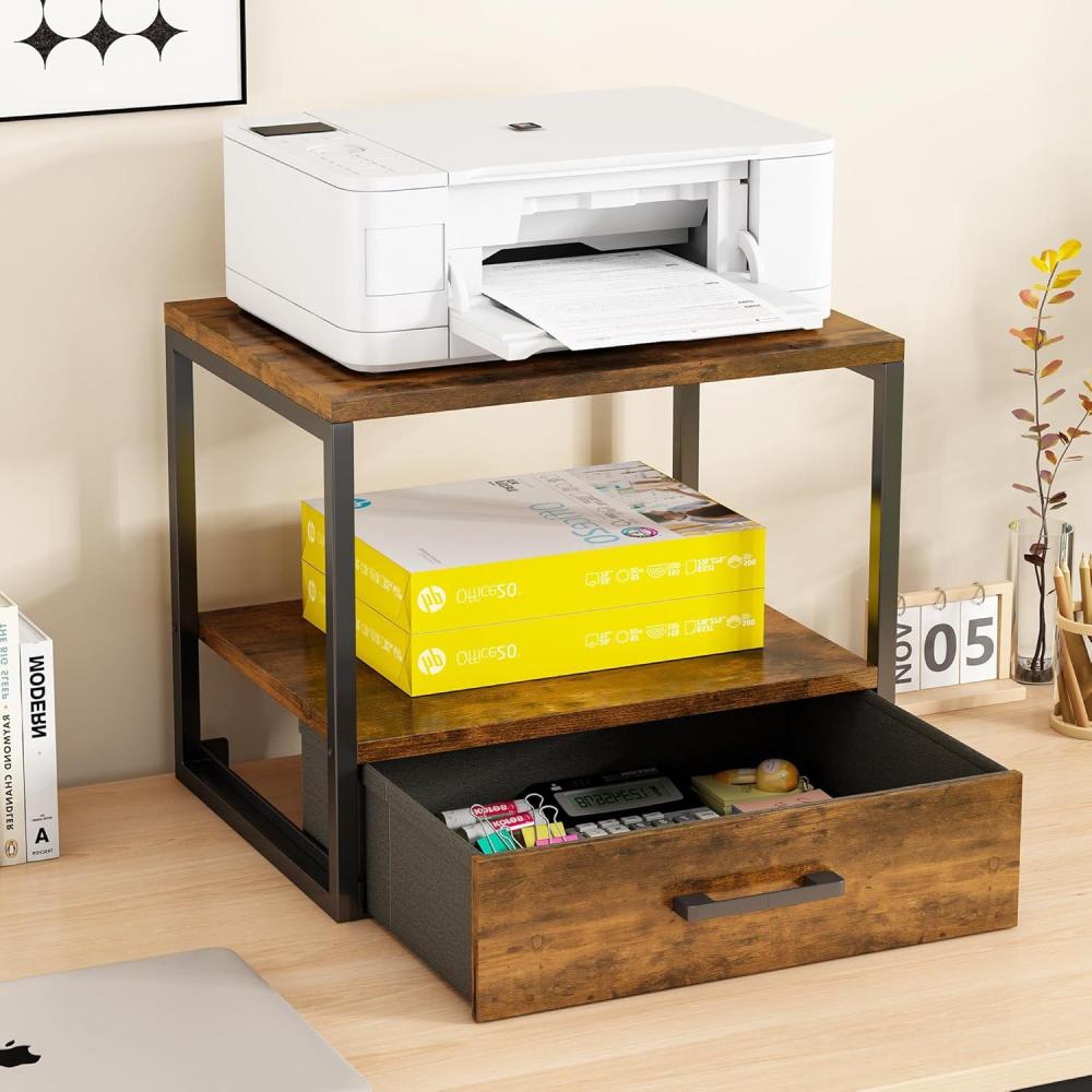 image:imageHomeiju 3Tier Vintage Brown Printer Stand with Storage Drawer MultiPurpose Desk Shelf Heavy Duty Desktop ShelfPrinter Table for Home Office