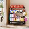 image:imageHomeiju Sports Equipment Organizer Ball Storage Rack Garage Sports Gear Rack with Wheels and Hooks IndoorOutdoor Shelf Rack for Sports Gear Black