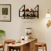 image:imageWall Mounted Wine Rack for 6 Wine Bottles and 6 Glass Holder 2Tier Wall Wine Rack Wood Wine Racks for Wall WoodMetal Wine Bottle Holder for Home Bar Wine Kitchen Storage BlackBrown Black