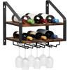 image:imageWall Mounted Wine Rack for 6 Wine Bottles and 6 Glass Holder 2Tier Wall Wine Rack Wood Wine Racks for Wall WoodMetal Wine Bottle Holder for Home Bar Wine Kitchen Storage BlackBrown Black