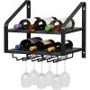 image:imageWall Mounted Wine Rack for 6 Wine Bottles and 6 Glass Holder 2Tier Wall Wine Rack Wood Wine Racks for Wall WoodMetal Wine Bottle Holder for Home Bar Wine Kitchen Storage BlackBlack