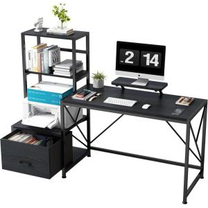 image:imageHome Office Desks 58 inch with Drawer amp Storage Printer Shelf Reversible Computer Desk with Movable Monitor Stand Writing Gaming Table with Shelves for Study PC Working Black