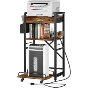 image:imageHomeiju 3Tier Printer Stand with Storage DrawerLarge Tall Printer Table with Power OutletSide Pocket and Adjustable Shelf for Home OfficeStand Cart for Computer PC Tower CPU ShredderBrown