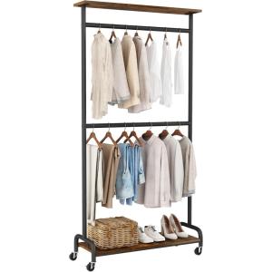 image:imageHomeiju Clothes Rack with Wheels Heavy Duty Clothing Rack Load 400LBS Double Rod Clothes Hanger Racks for Hanging Clothes Rolling Garment Rack with Shelves Rustic Brown and Black