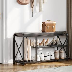 image:imageHomeiju Entryway Bench3 Tier Shoe Bench with Padded Seat amp Metal Frame354Shoe Storage Bench Shoe Organizer for Entryway Foyer Hallway Bedroom BathroomBlackWith Cusion and Bootstorage