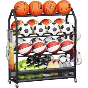 image:imageHomeiju Sports Equipment Organizer Ball Storage Rack Garage Sports Gear Rack with Wheels and Hooks IndoorOutdoor Shelf Rack for Sports Gear Black