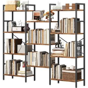 image:imageTriple 4 Tier Bookshelf 63 Width Tall Bookcase with 11 Openable Display Shelves Wide Book Shelf Book Case for Home Living Room Bedroom Office StorageRustic Brown