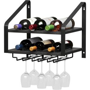 image:imageWall Mounted Wine Rack for 6 Wine Bottles and 6 Glass Holder 2Tier Wall Wine Rack Wood Wine Racks for Wall WoodMetal Wine Bottle Holder for Home Bar Wine Kitchen Storage BlackBlack